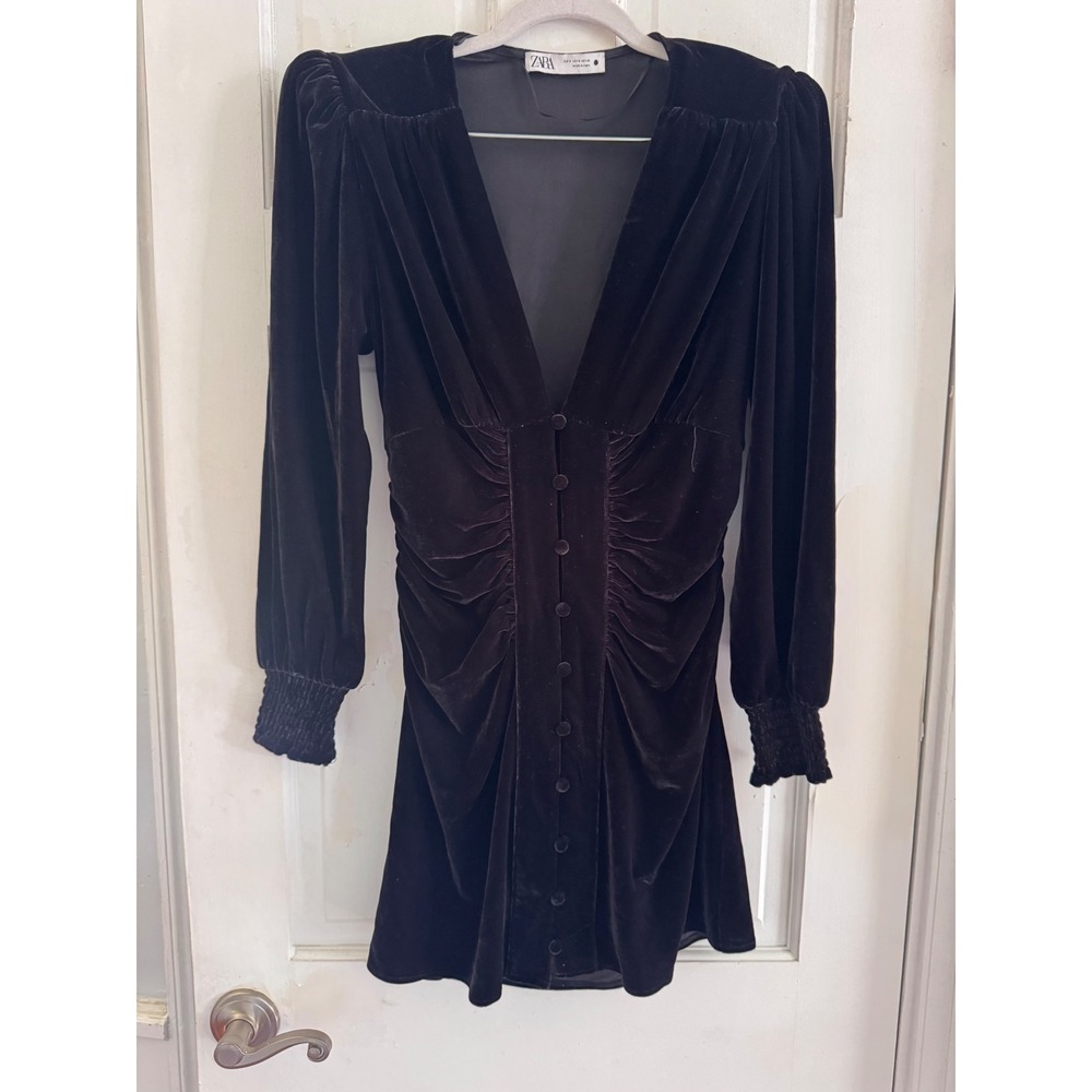 Zara Velvet Mini Dress Black V-Neck Ruched Button Front Puff Sleeve Size S - Picture 3 of 10